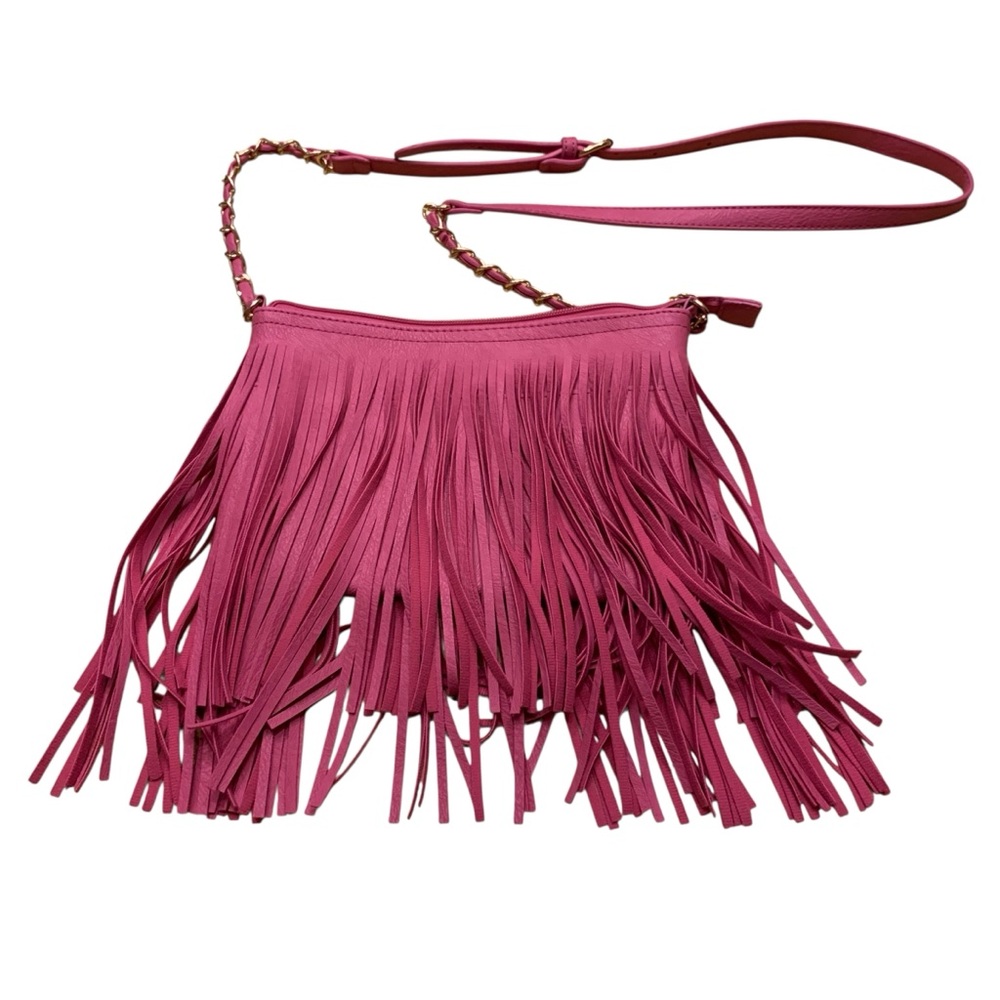 Fuchsia Pink Faux leather Shoulder Bag with long fringe gold chain strap